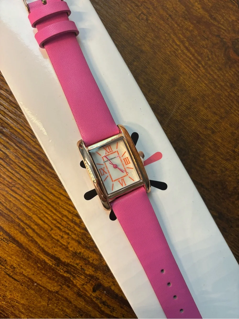 Isaac Mizrahi Hot Pink Leather Strap Watch with Square Gold Case